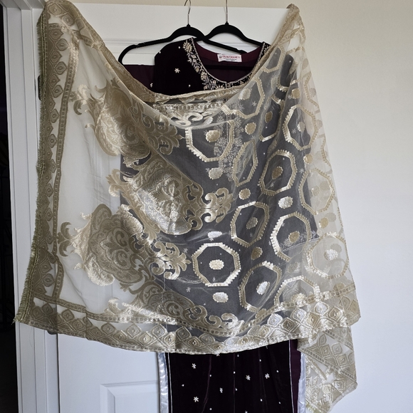 Purple Velvet Embroidered Pakistani/Punjabi/Indian Suit by Erum Emaan - Size XL - Picture 11 of 15